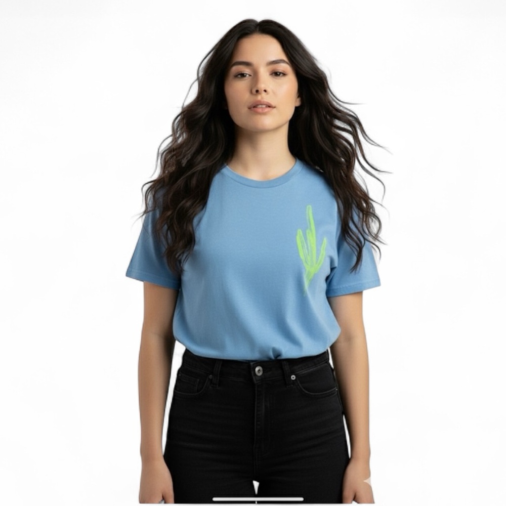 Graphic Tshirt. Women's Blue Tee with Green Cactus Graphic